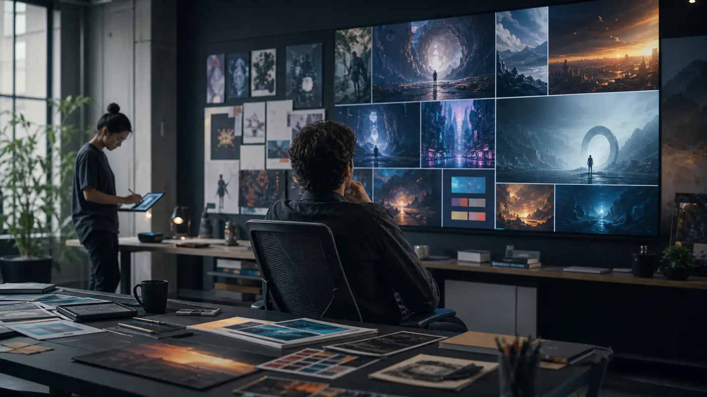 AI video studio reviewing generated video frames on a wall display