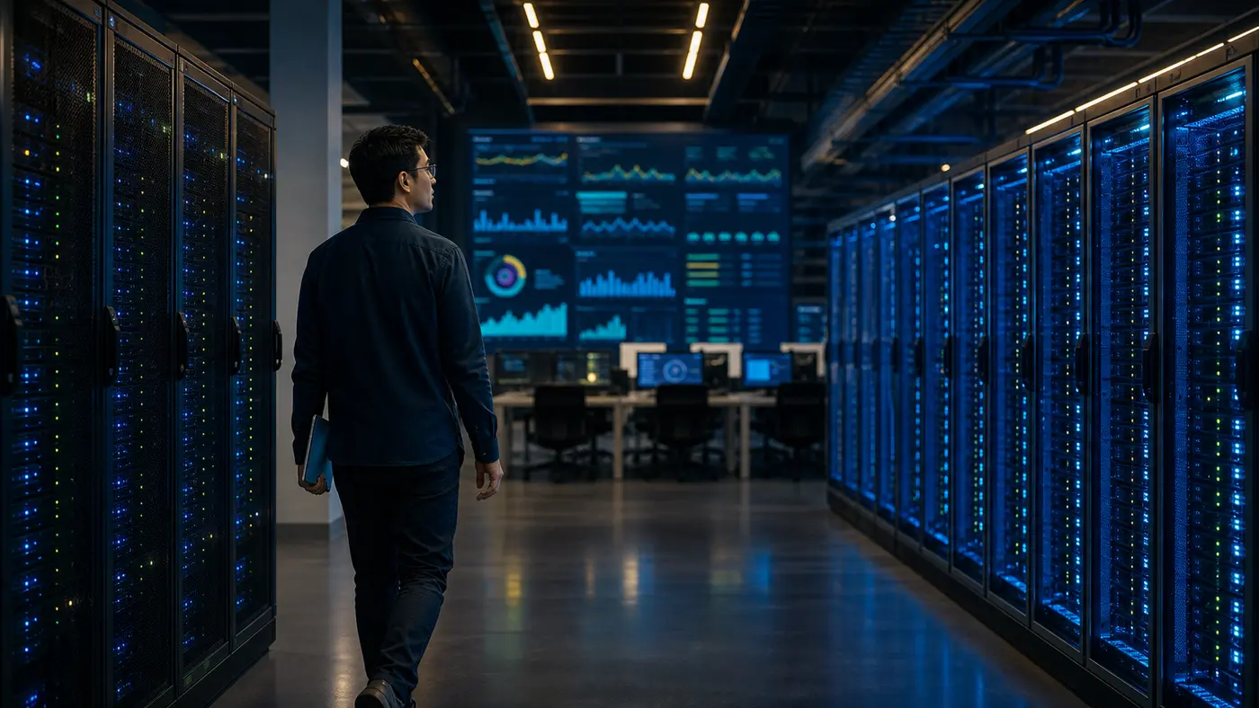 Quant trading infrastructure team walking through a GPU server aisle